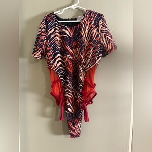 Icon Swim Orange and Red Asymmetrical Cut Out Swimsuit Small